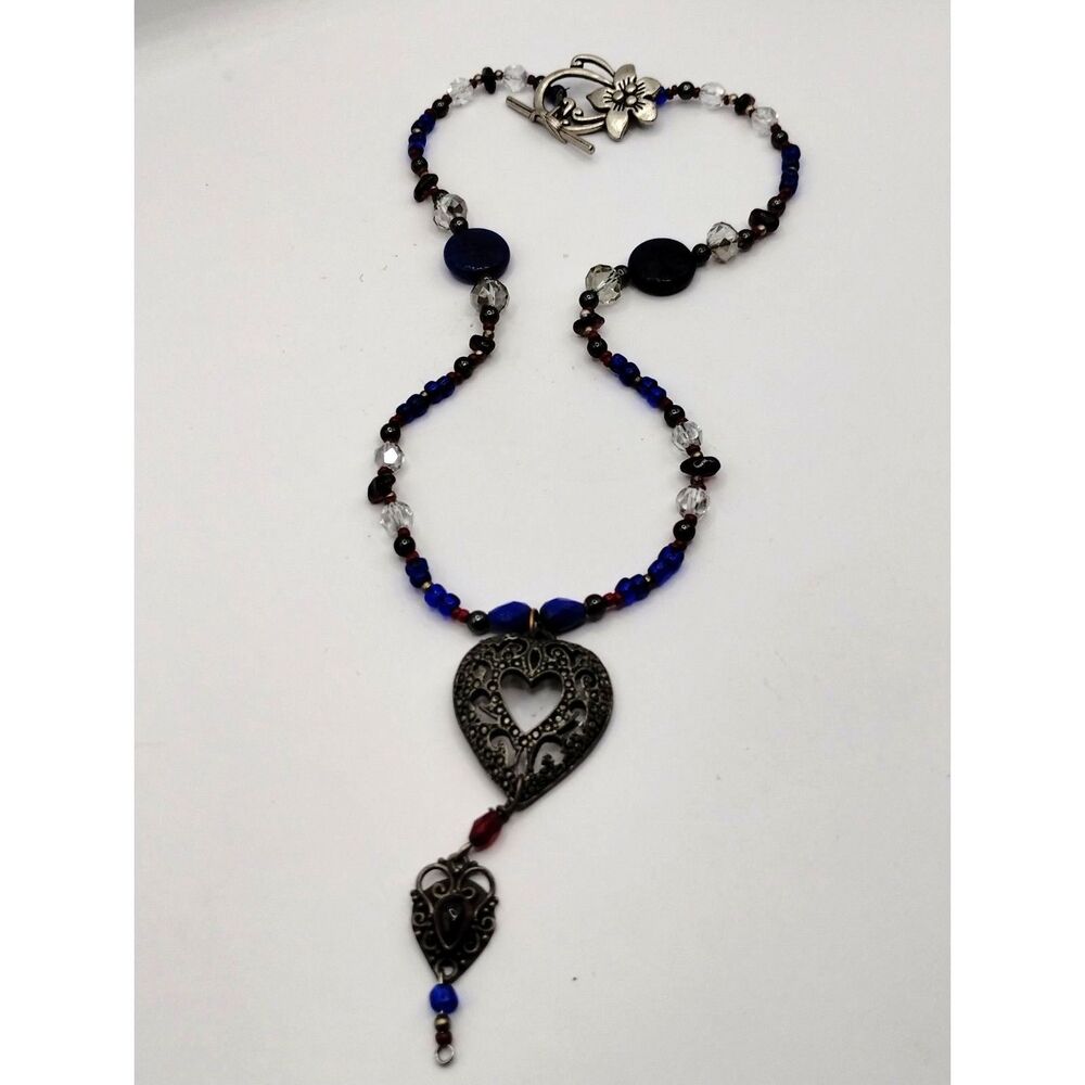 Vintage Filigree Heart Shaped Pendant on Necklace of Glass Beads in Red and Blue